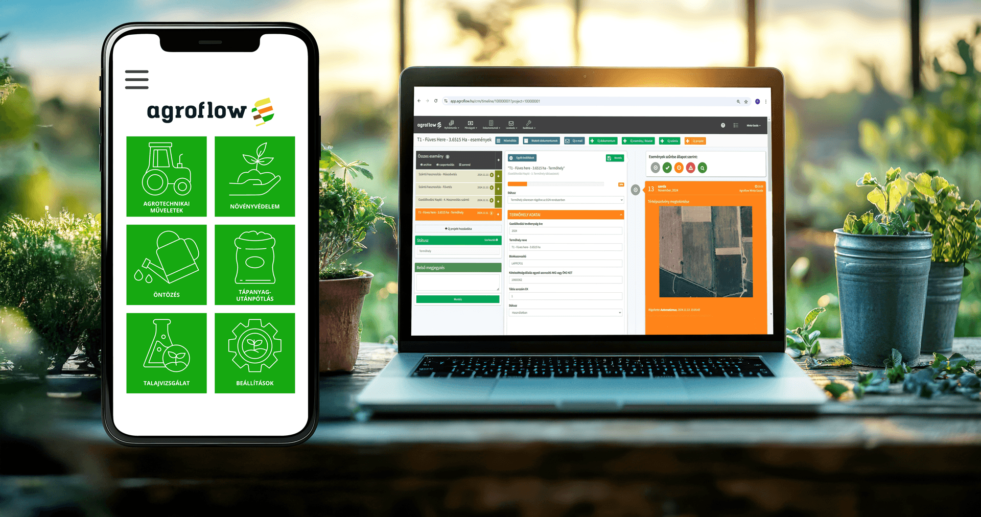 AgroFlow digitális gazdálkodási szoftver laptopon és mobiltelefonon, precíziós mezőgazdasági megoldásokkal.