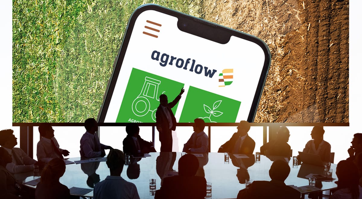 Üzleti konferencia, ahol az AgroFlow digitális mezőgazdasági megoldásokat mutatják be.