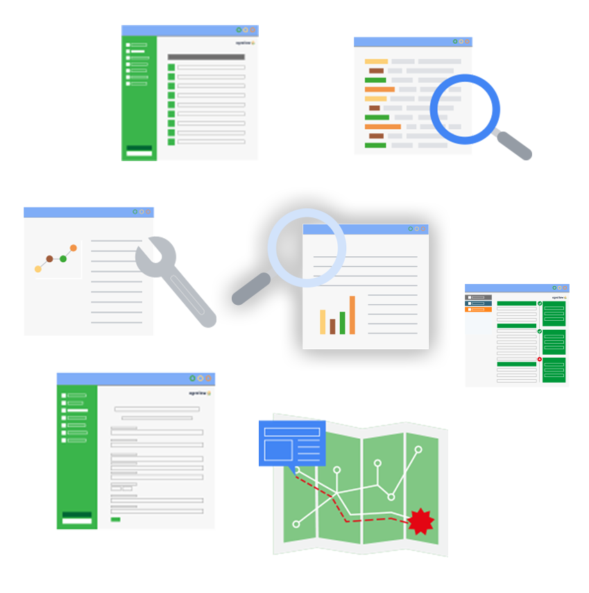 Rajzolt ikonok és képernyőnézetek az AgroFlow digitális gazdálkodási rendszer felületeiről.