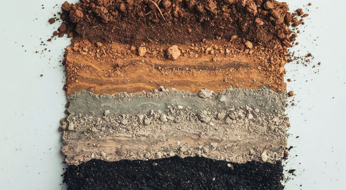 Talajrétegek vizuális megjelenítése különböző színű és textúrájú földrétegekkel.